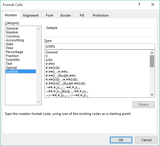 بخش Custom در پنجره Format Cells