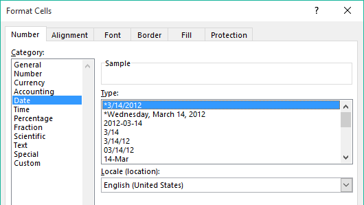 بخش Date از پنجره Format cells