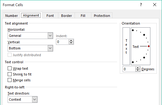 Alignment Tab in Format Cells