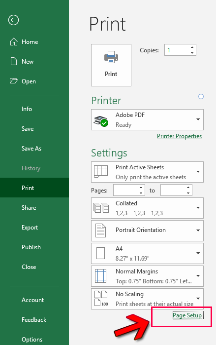 Select Page setup in excel
