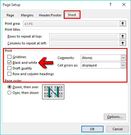 Select Black and White in page setup in excel