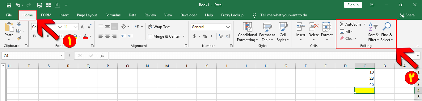 AutoSum Position on Editing Part in Home Menu on Excel
