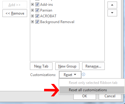 Reset All Customizations in ribbon on excel