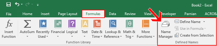 Name manager in formulas tab in Excel