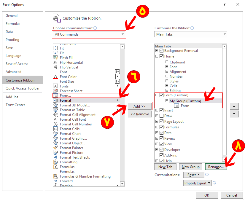 َAdd form to New Ribbon in Excel