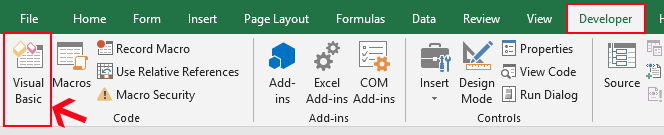 Select Visual Basic in Developer Tab In Excel
