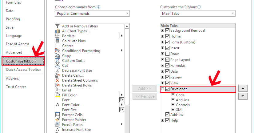 Active Developer in main tab in Excel