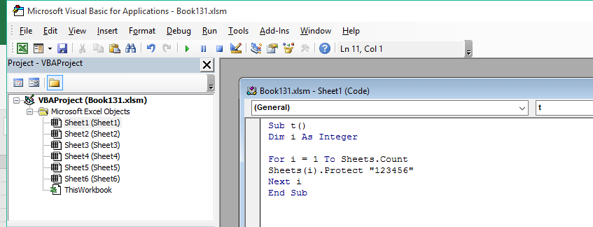 Use for loop to Protect All sheet in Excel