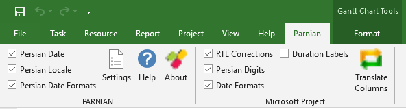 Parnian Tab in Microsoft Project