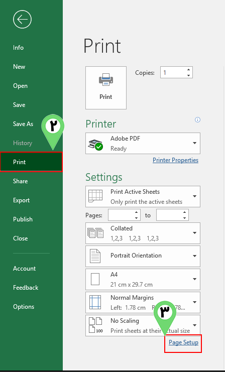 Select Page Setup in Excel