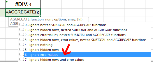 Aggregate function option in excel