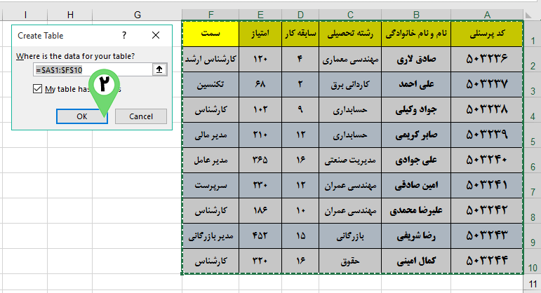 Create Table in Excel