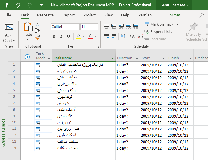 Tasks Entry in Microsoft Project