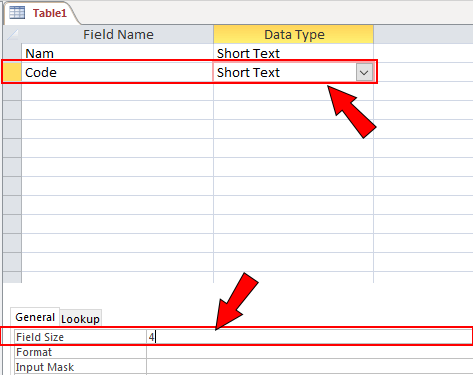 Field Size in Table Of Access